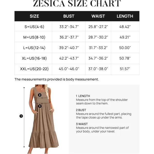 imageZESICA Womens 2024 Summer Sleeveless Dress Square Neck Pleated Swing Casual Maxi Dresses with PocketsKhaki