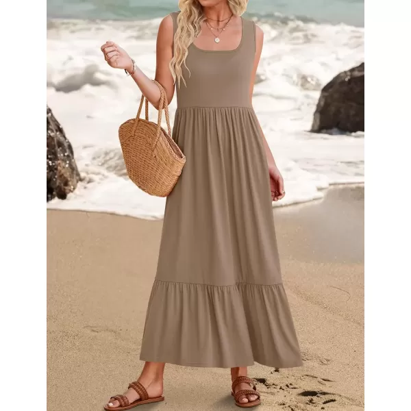 imageZESICA Womens 2024 Summer Sleeveless Dress Square Neck Pleated Swing Casual Maxi Dresses with PocketsKhaki