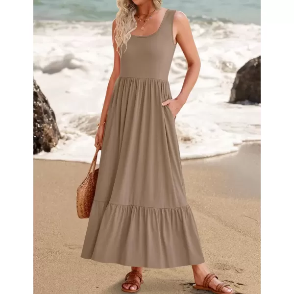 imageZESICA Womens 2024 Summer Sleeveless Dress Square Neck Pleated Swing Casual Maxi Dresses with PocketsKhaki
