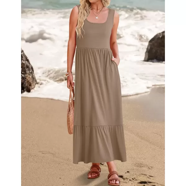 imageZESICA Womens 2024 Summer Sleeveless Dress Square Neck Pleated Swing Casual Maxi Dresses with PocketsKhaki