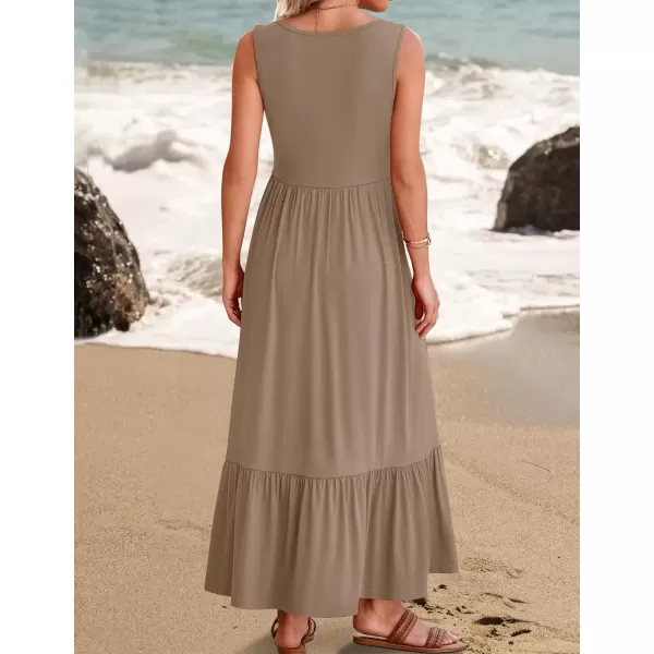 imageZESICA Womens 2024 Summer Sleeveless Dress Square Neck Pleated Swing Casual Maxi Dresses with PocketsKhaki