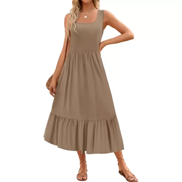 imageZESICA Womens 2024 Summer Sleeveless Dress Square Neck Pleated Swing Casual Maxi Dresses with PocketsKhaki
