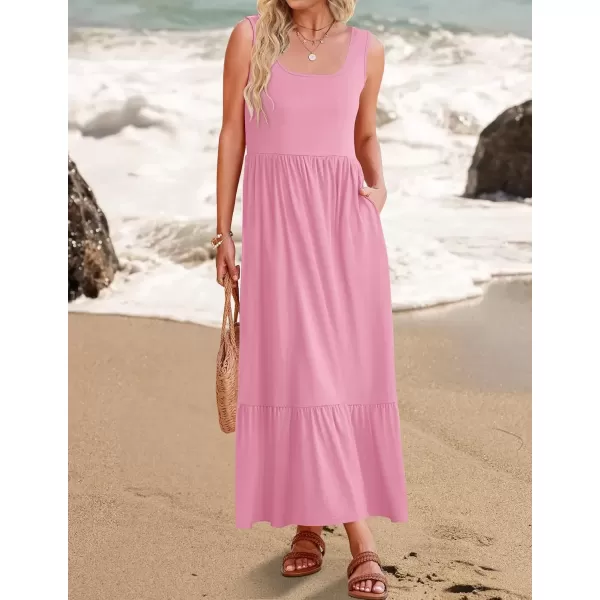 imageZESICA Womens 2024 Summer Sleeveless Dress Square Neck Pleated Swing Casual Maxi Dresses with PocketsPink