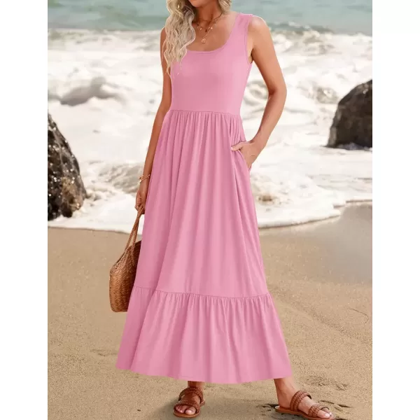 imageZESICA Womens 2024 Summer Sleeveless Dress Square Neck Pleated Swing Casual Maxi Dresses with PocketsPink