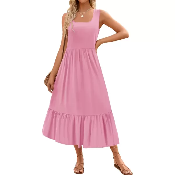imageZESICA Womens 2024 Summer Sleeveless Dress Square Neck Pleated Swing Casual Maxi Dresses with PocketsPink