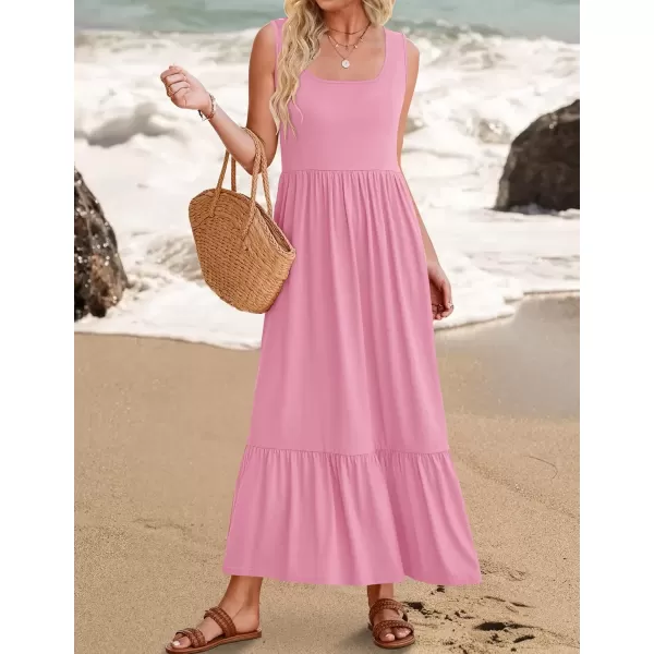 imageZESICA Womens 2024 Summer Sleeveless Dress Square Neck Pleated Swing Casual Maxi Dresses with PocketsPink