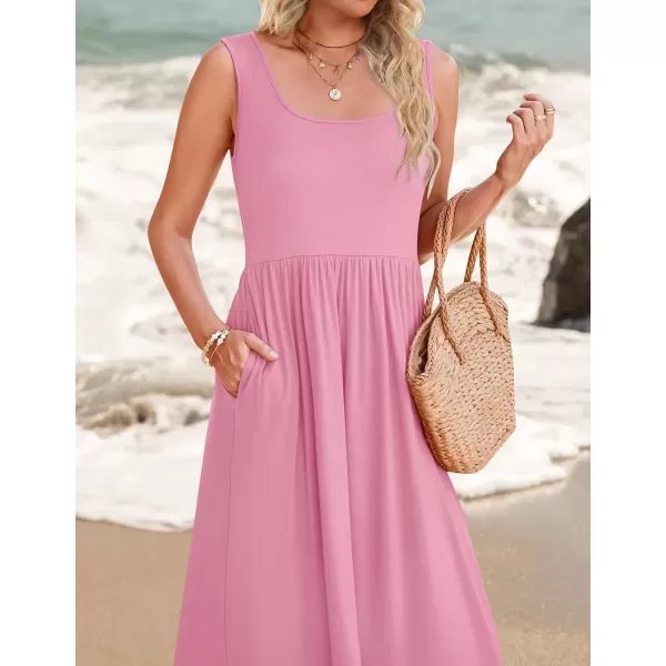 imageZESICA Womens 2024 Summer Sleeveless Dress Square Neck Pleated Swing Casual Maxi Dresses with PocketsPink