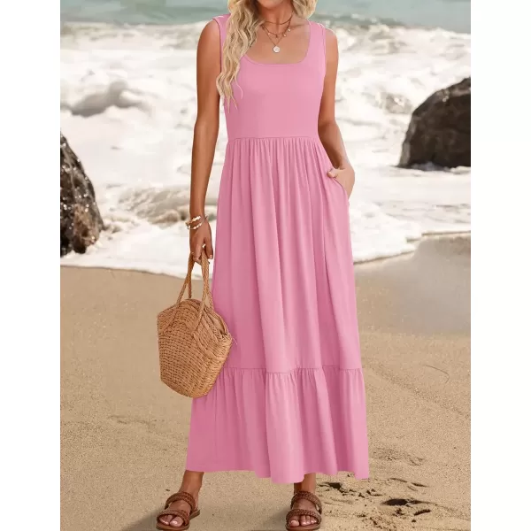 imageZESICA Womens 2024 Summer Sleeveless Dress Square Neck Pleated Swing Casual Maxi Dresses with PocketsPink
