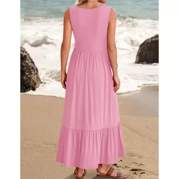 imageZESICA Womens 2024 Summer Sleeveless Dress Square Neck Pleated Swing Casual Maxi Dresses with PocketsPink