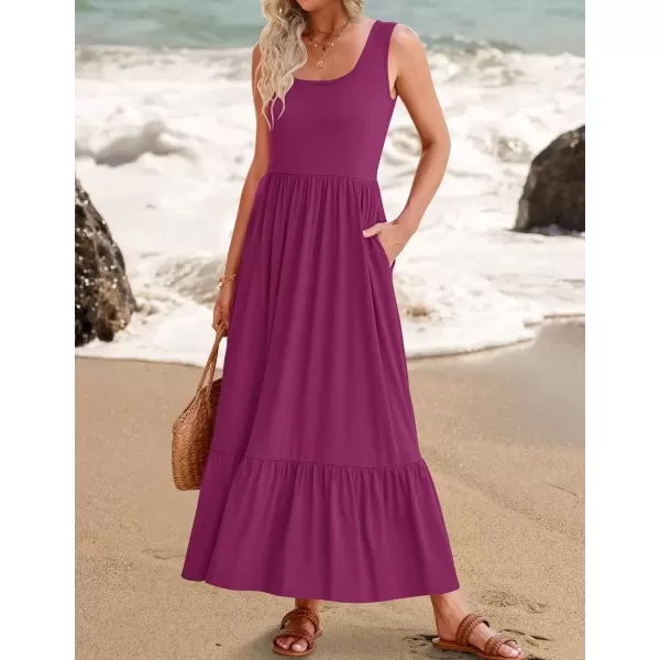 imageZESICA Womens 2024 Summer Sleeveless Dress Square Neck Pleated Swing Casual Maxi Dresses with PocketsPlum