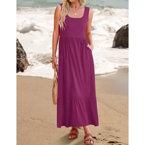 imageZESICA Womens 2024 Summer Sleeveless Dress Square Neck Pleated Swing Casual Maxi Dresses with PocketsPlum