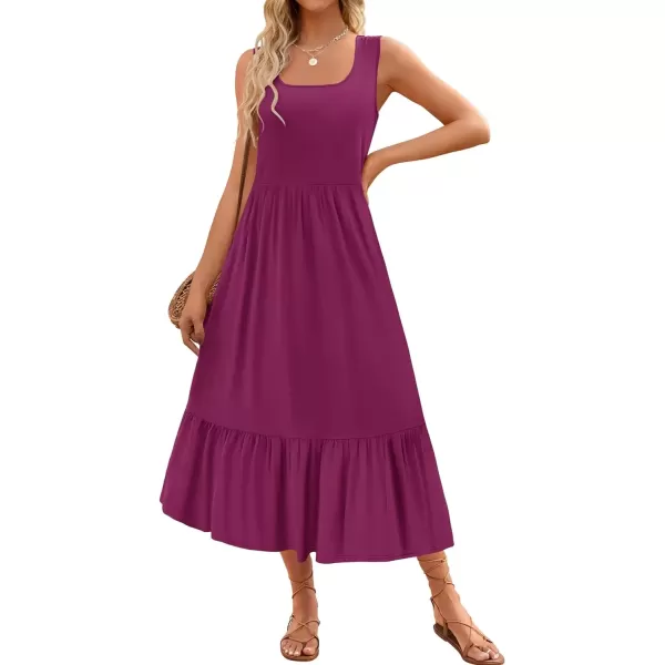 imageZESICA Womens 2024 Summer Sleeveless Dress Square Neck Pleated Swing Casual Maxi Dresses with PocketsPlum