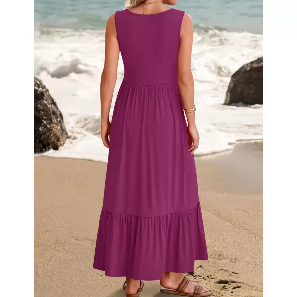 imageZESICA Womens 2024 Summer Sleeveless Dress Square Neck Pleated Swing Casual Maxi Dresses with PocketsPlum