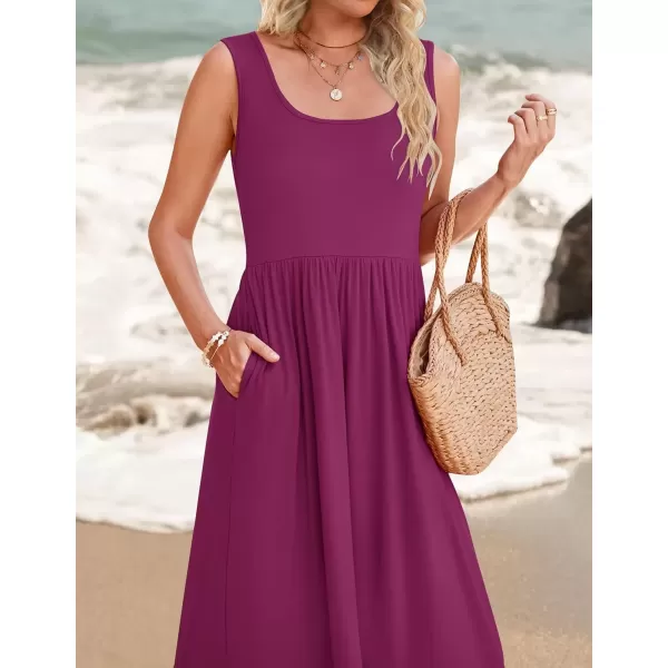 imageZESICA Womens 2024 Summer Sleeveless Dress Square Neck Pleated Swing Casual Maxi Dresses with PocketsPlum