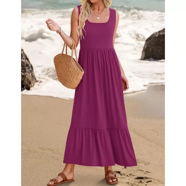 imageZESICA Womens 2024 Summer Sleeveless Dress Square Neck Pleated Swing Casual Maxi Dresses with PocketsPlum