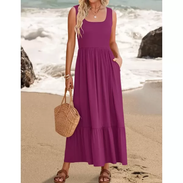 imageZESICA Womens 2024 Summer Sleeveless Dress Square Neck Pleated Swing Casual Maxi Dresses with PocketsPlum