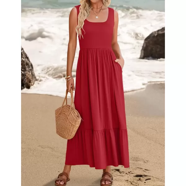 imageZESICA Womens 2024 Summer Sleeveless Dress Square Neck Pleated Swing Casual Maxi Dresses with PocketsRed