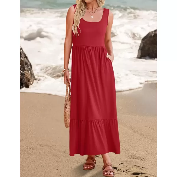 imageZESICA Womens 2024 Summer Sleeveless Dress Square Neck Pleated Swing Casual Maxi Dresses with PocketsRed