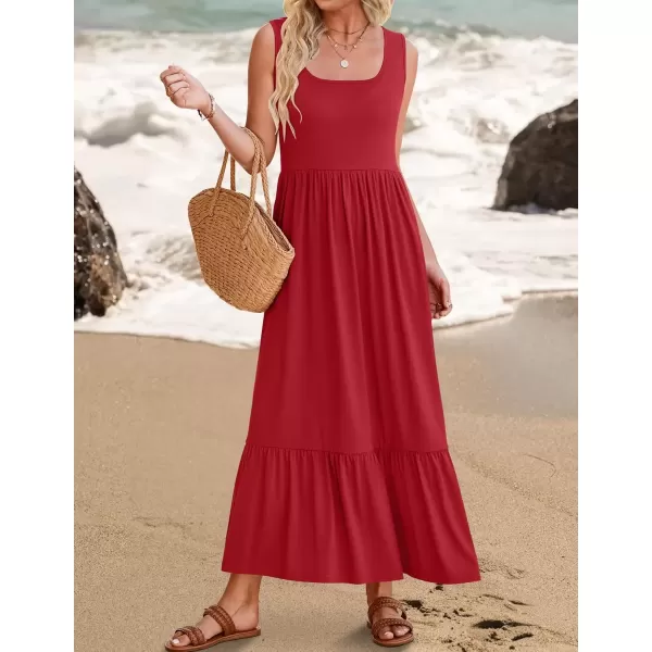 imageZESICA Womens 2024 Summer Sleeveless Dress Square Neck Pleated Swing Casual Maxi Dresses with PocketsRed