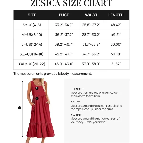 imageZESICA Womens 2024 Summer Sleeveless Dress Square Neck Pleated Swing Casual Maxi Dresses with PocketsRed