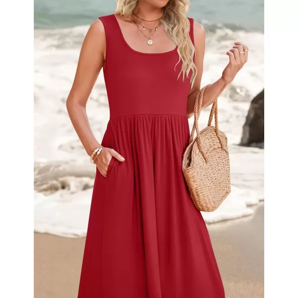 imageZESICA Womens 2024 Summer Sleeveless Dress Square Neck Pleated Swing Casual Maxi Dresses with PocketsRed