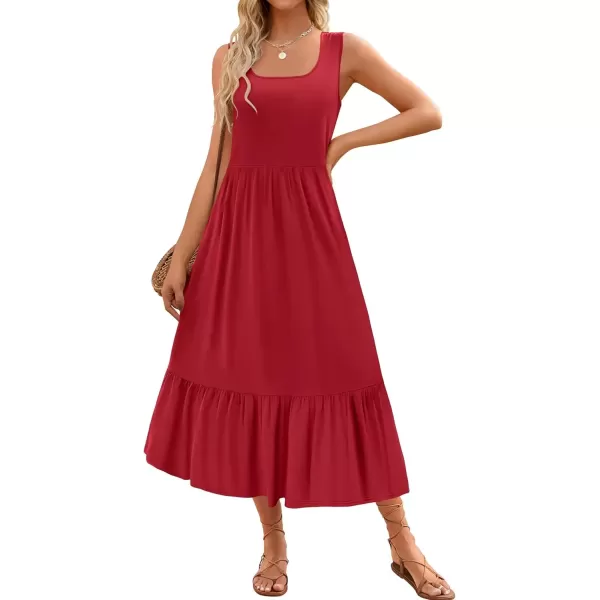 imageZESICA Womens 2024 Summer Sleeveless Dress Square Neck Pleated Swing Casual Maxi Dresses with PocketsRed