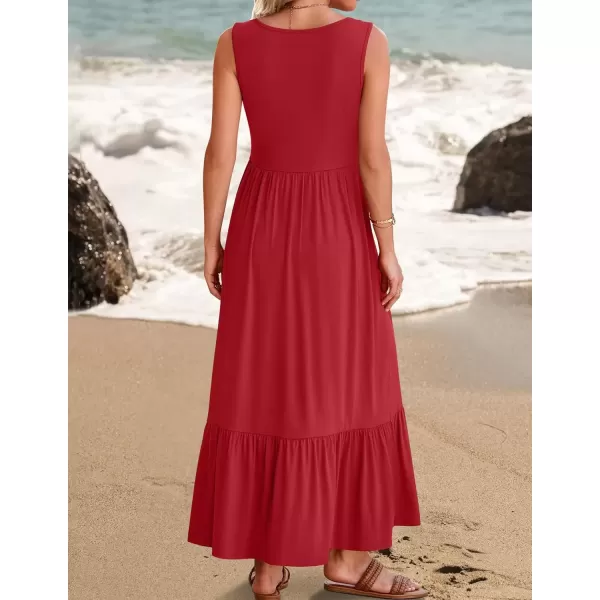 imageZESICA Womens 2024 Summer Sleeveless Dress Square Neck Pleated Swing Casual Maxi Dresses with PocketsRed