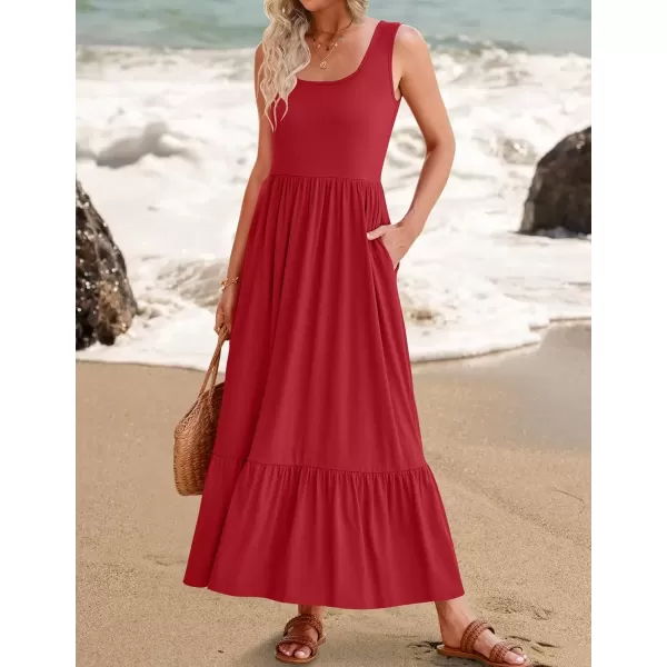 imageZESICA Womens 2024 Summer Sleeveless Dress Square Neck Pleated Swing Casual Maxi Dresses with PocketsRed