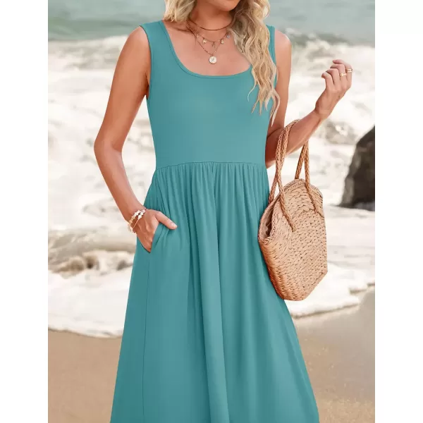 imageZESICA Womens 2024 Summer Sleeveless Dress Square Neck Pleated Swing Casual Maxi Dresses with PocketsSage