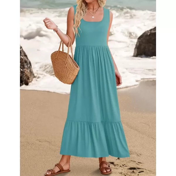 imageZESICA Womens 2024 Summer Sleeveless Dress Square Neck Pleated Swing Casual Maxi Dresses with PocketsSage