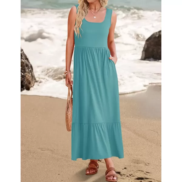 imageZESICA Womens 2024 Summer Sleeveless Dress Square Neck Pleated Swing Casual Maxi Dresses with PocketsSage