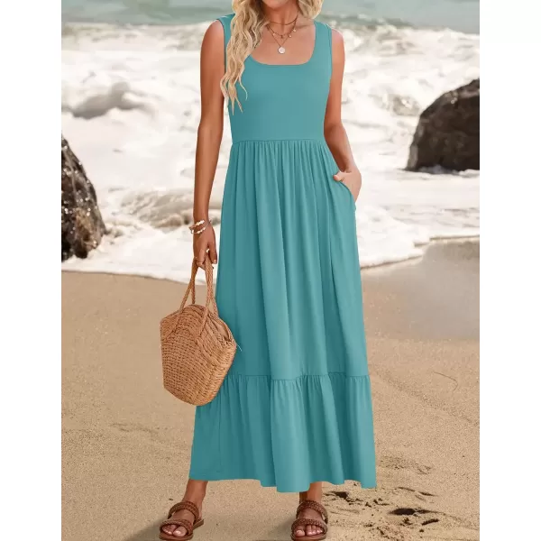 imageZESICA Womens 2024 Summer Sleeveless Dress Square Neck Pleated Swing Casual Maxi Dresses with PocketsSage