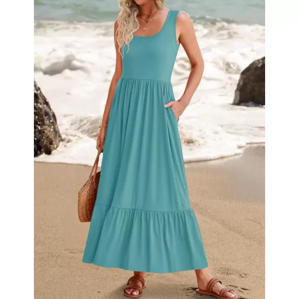 imageZESICA Womens 2024 Summer Sleeveless Dress Square Neck Pleated Swing Casual Maxi Dresses with PocketsSage