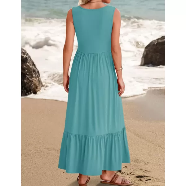 imageZESICA Womens 2024 Summer Sleeveless Dress Square Neck Pleated Swing Casual Maxi Dresses with PocketsSage