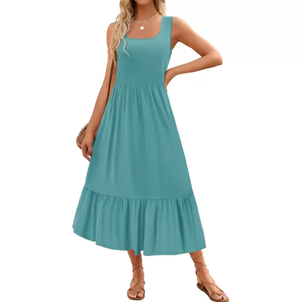 imageZESICA Womens 2024 Summer Sleeveless Dress Square Neck Pleated Swing Casual Maxi Dresses with PocketsSage