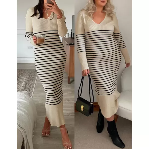 imageZESICA Womens Fall Striped Sweater Dress Long Sleeve V Neck Slim Fit Slit Ribbed Knit Bodycon Midi DressesApricot