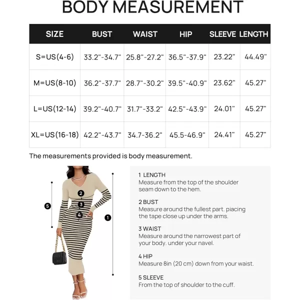 imageZESICA Womens Fall Striped Sweater Dress Long Sleeve V Neck Slim Fit Slit Ribbed Knit Bodycon Midi DressesApricot