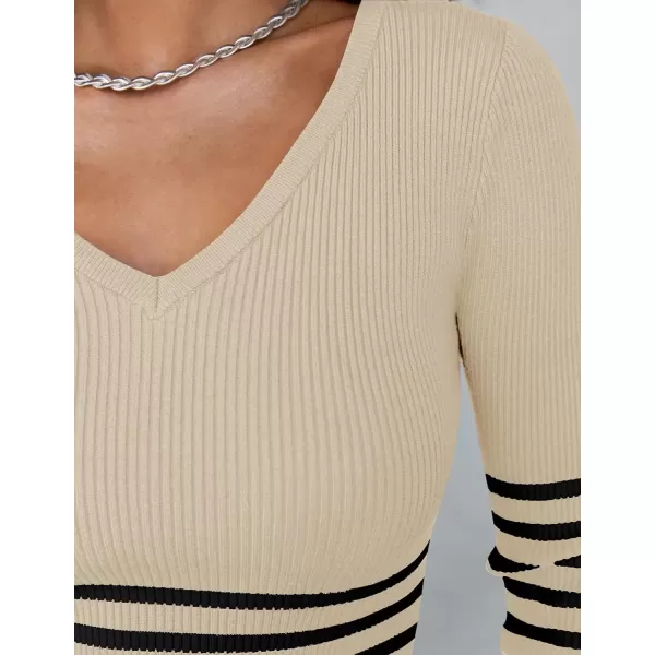 imageZESICA Womens Fall Striped Sweater Dress Long Sleeve V Neck Slim Fit Slit Ribbed Knit Bodycon Midi DressesApricot