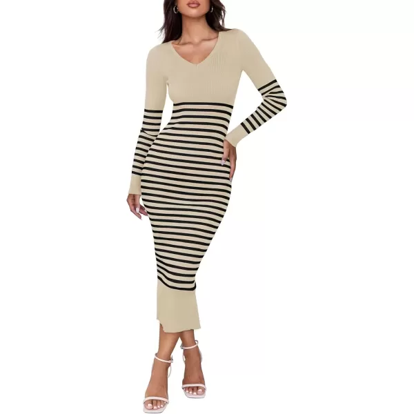 imageZESICA Womens Fall Striped Sweater Dress Long Sleeve V Neck Slim Fit Slit Ribbed Knit Bodycon Midi DressesApricot