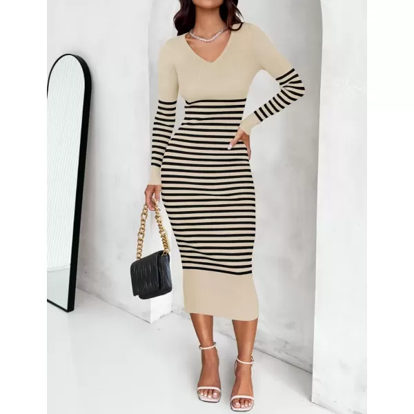imageZESICA Womens Fall Striped Sweater Dress Long Sleeve V Neck Slim Fit Slit Ribbed Knit Bodycon Midi DressesApricot