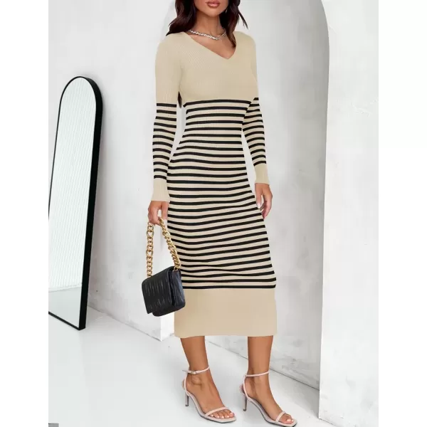 imageZESICA Womens Fall Striped Sweater Dress Long Sleeve V Neck Slim Fit Slit Ribbed Knit Bodycon Midi DressesApricot