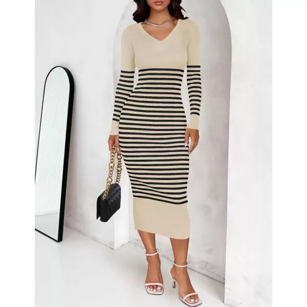 imageZESICA Womens Fall Striped Sweater Dress Long Sleeve V Neck Slim Fit Slit Ribbed Knit Bodycon Midi DressesApricot