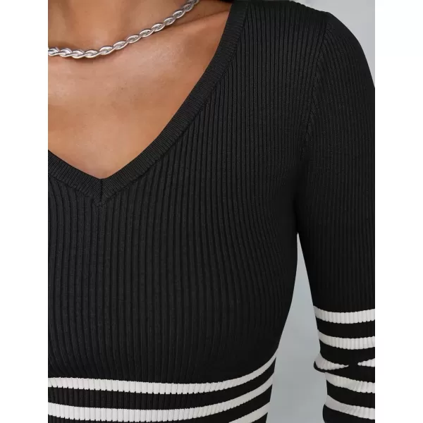 imageZESICA Womens Fall Striped Sweater Dress Long Sleeve V Neck Slim Fit Slit Ribbed Knit Bodycon Midi DressesBlack