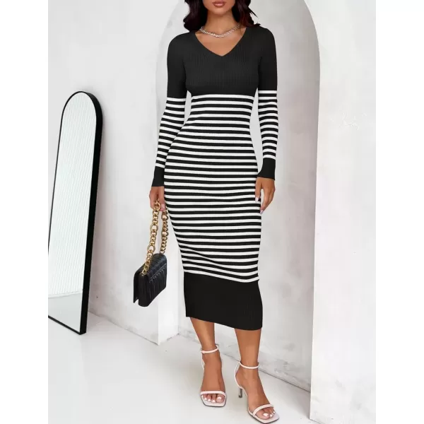 imageZESICA Womens Fall Striped Sweater Dress Long Sleeve V Neck Slim Fit Slit Ribbed Knit Bodycon Midi DressesBlack