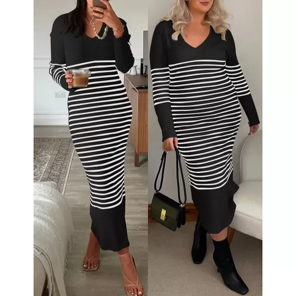 imageZESICA Womens Fall Striped Sweater Dress Long Sleeve V Neck Slim Fit Slit Ribbed Knit Bodycon Midi DressesBlack