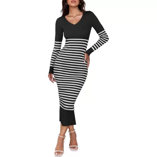 imageZESICA Womens Fall Striped Sweater Dress Long Sleeve V Neck Slim Fit Slit Ribbed Knit Bodycon Midi DressesBlack