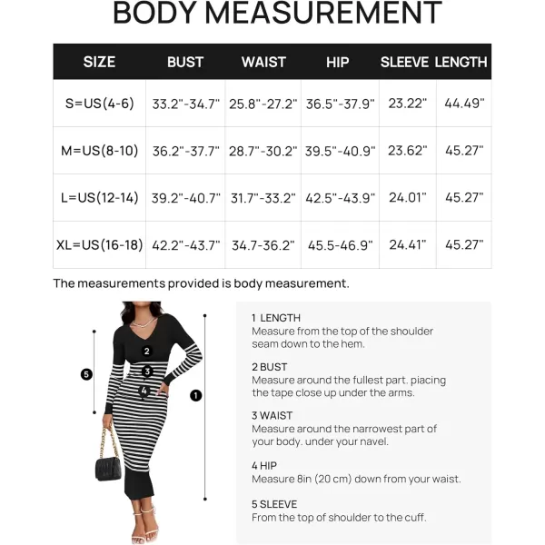 imageZESICA Womens Fall Striped Sweater Dress Long Sleeve V Neck Slim Fit Slit Ribbed Knit Bodycon Midi DressesBlack