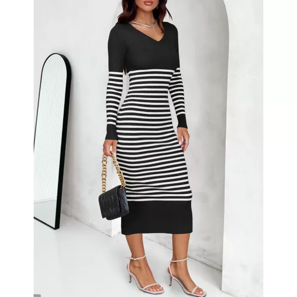 imageZESICA Womens Fall Striped Sweater Dress Long Sleeve V Neck Slim Fit Slit Ribbed Knit Bodycon Midi DressesBlack