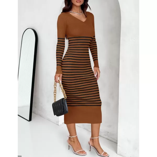 imageZESICA Womens Fall Striped Sweater Dress Long Sleeve V Neck Slim Fit Slit Ribbed Knit Bodycon Midi DressesCaramel