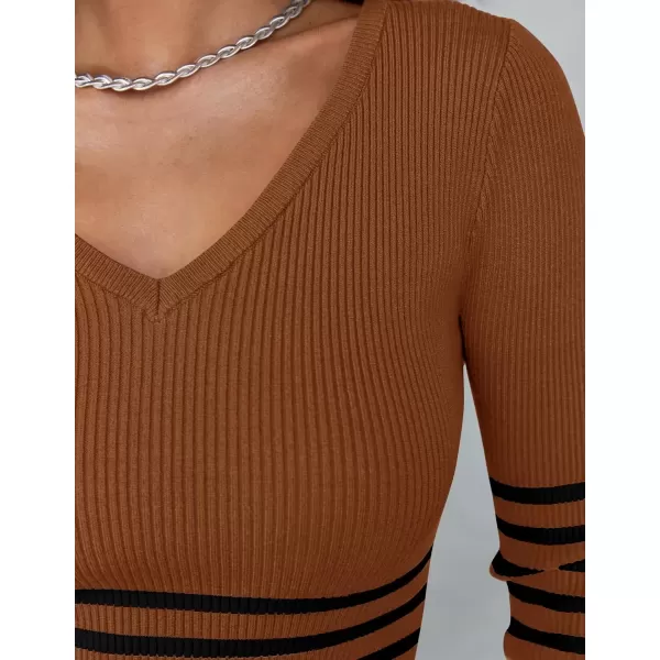 imageZESICA Womens Fall Striped Sweater Dress Long Sleeve V Neck Slim Fit Slit Ribbed Knit Bodycon Midi DressesCaramel